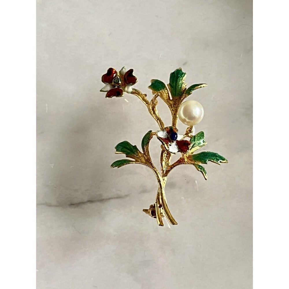 Vintage 18K Yellow Gold Pearl Multi Color Enamel Leaves Branch Brooch Pin